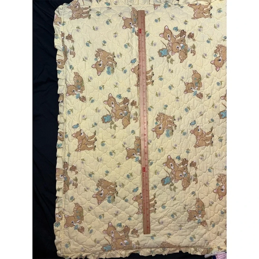 Vintage Woodland Baby Deer Crib Quilt Yellow Ruffle Blanket Nursery 54x42 Fawn